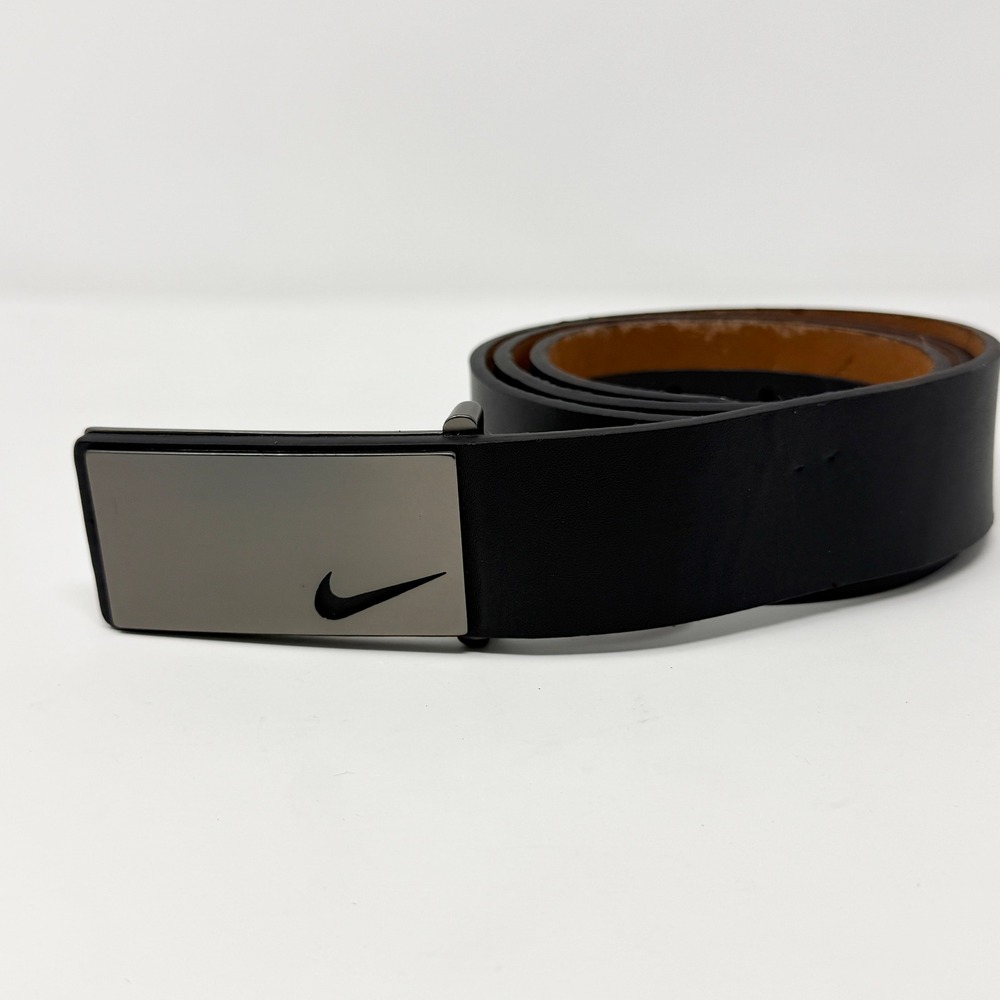 Nike Mens Black Leather Golf Belt Brushed Gunmetal Plaque Swoosh Buckle Size 36 - Picture 11 of 13